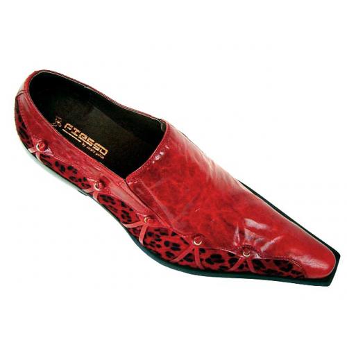 Fiesso Red Leopard Hair Pointed Toe Leather Shoes FI8027